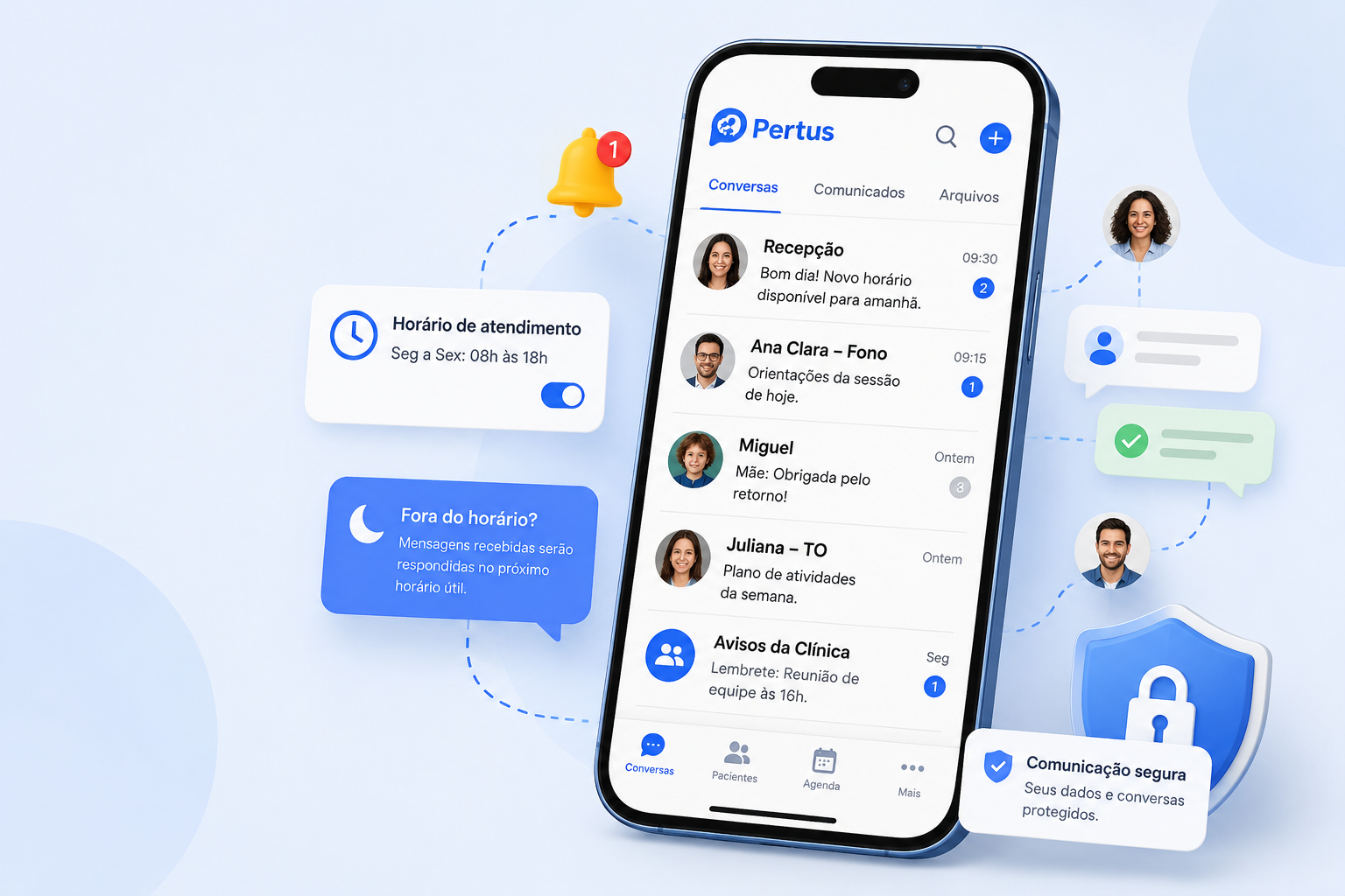 Aplicativo Pertus com lista de conversas da clínica e regras de horário de atendimento